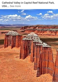 some very tall rock formations with clouds in the sky above them and an advertisement for cathedral valley in capitol reef national park, usa