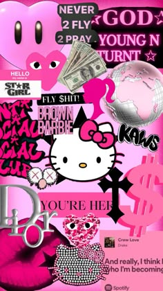 a pink hello kitty collage with lots of different things on it's side