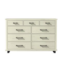 a white dresser with many drawers and handles on it's sides, against a white background