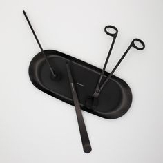 scissors are sitting on top of a tray with two black handles and one pair of tongs