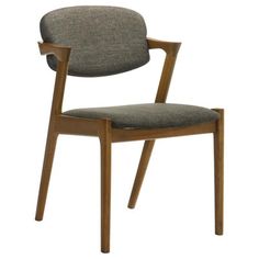 a chair with a wooden frame and grey fabric upholstered back, viewed from the front