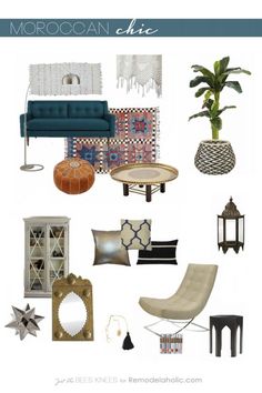 a collage of furniture and decor items in blue, green, white and gold