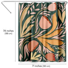 a shower curtain with an orange and green floral design on it, measurements for the length