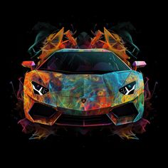 a colorful car with flames on it's hood is shown in this artistic photo