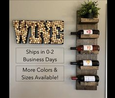 the wine rack is made out of wood and has several bottles on it, along with a sign that says ships in 2 business days more colors & sizes available