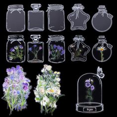 several glass jars with flowers in them on a black background