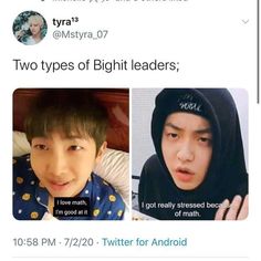 two tweets that are on twitter one is wearing a hoodie and the other says, two types of bright leaders