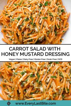 carrot salad with honey mustard dressing in a white bowl