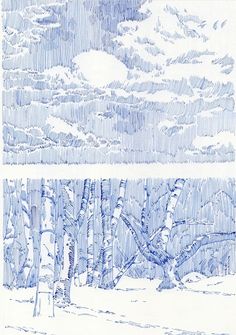 two drawings of trees in the snow