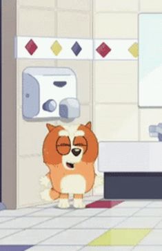 a cartoon dog standing in a bathroom next to a sink and toilet paper dispenser