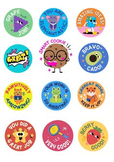 six stickers with different types of cartoon characters on them, all in various colors and sizes