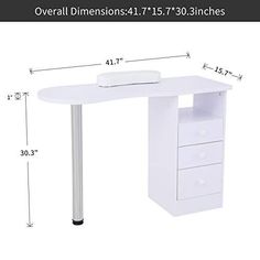 a white desk with drawers and measurements