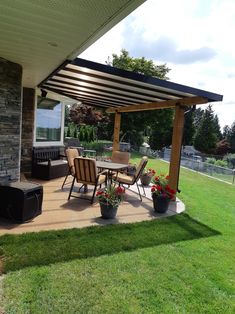 a covered patio with table and chairs on it