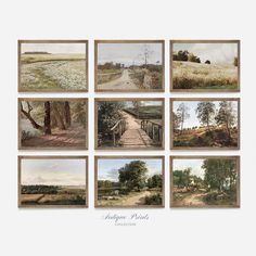 six paintings of trees and fields are shown in this set of nine pictures, each with a bridge leading to the other side