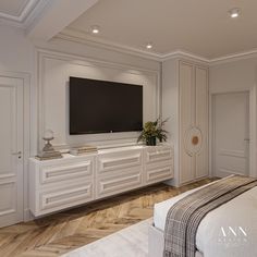 a large flat screen tv mounted to the side of a white wall in a bedroom