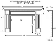 an architectural drawing shows the size and measurements of a fireplace mantel, with two columns on each side