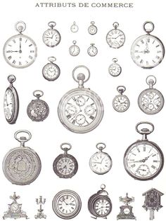 an image of different types of pocket watches on white paper with title attribuis de commerge