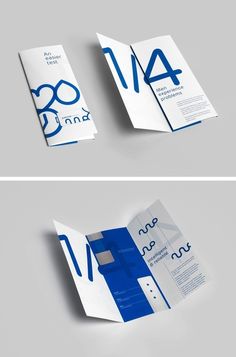 two folded brochures with blue and white designs