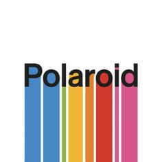 the polaroid logo is shown in black and rainbow colors, with an orange stripe