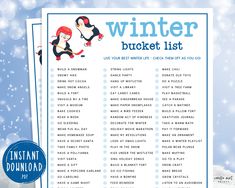 a winter bucket list with penguins and snowflakes in the background, on top of a