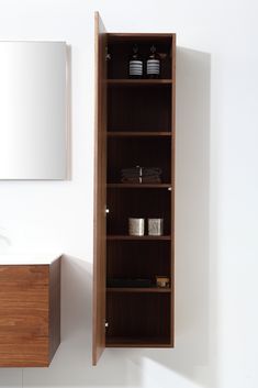 a bathroom with a sink, mirror and shelving unit next to it on the wall