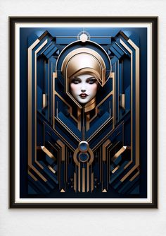 an art deco poster with a woman's face in gold and blue, against a white background