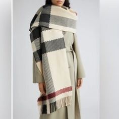 Brand New With Tag Original $1,050+ Lowballs Not Accepted :) Burberry Super Jumbo Sized Plaid Check Scarf In 100% Wool Size: 202 X 50 (Approx 79.5” X 23.2”) Color Name: Stone (Beautiful Cream Oat Color Mixed With Classic Black And Burberry Red Check) This Is The Absolute Coziest, Thickest Jumbo Blanket Style Scarf Tons Of Ways To Wrap And Wear Wear On The Neck, Over The Shoulder, Wrapped Around Like A Blanket Shawl, Etc. Oat Color, Light Fringe, Designer Names, Burberry Plaid, Check Scarf, Blanket Shawl, Style Scarf, Checked Scarf, Burberry Accessories