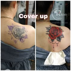 a woman with a rose tattoo on her back