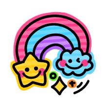 a drawing of a rainbow with stars and a smiling face next to a smiley face