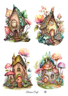 four watercolor houses with trees and leaves on the roof, one has a mushroom house