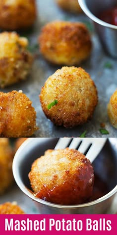 mashed potato balls with ketchup and parsley