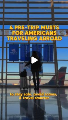 a person walking through an airport terminal with the words 4 pre - trip musts for americans traveling around