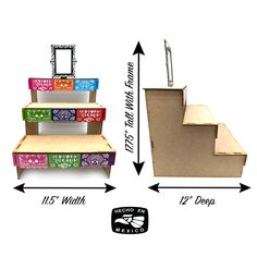 three tiered cardboard display with different designs and measurements for each item in the package