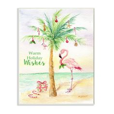 a pink flamingo standing next to a palm tree on top of a sandy beach