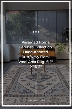 a living room with rugs and furniture in the background, text reads passagd home persian collection hand - knotted rust / navy floral wool area rug 6 '