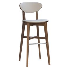 a wooden stool with a white seat and back rest on an isolated white background,