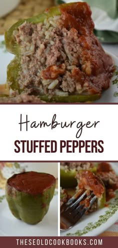 hamburger stuffed peppers on a white plate with the title above it and photos of them