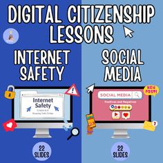 two screens with the words digital citizenship lessons and social safety in front of each screen