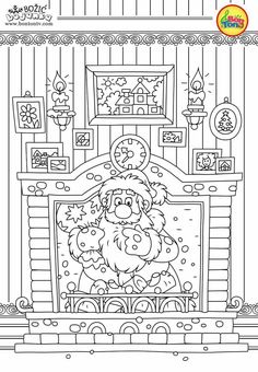 a coloring page with a fireplace in the middle and a cartoon character on it's mantle