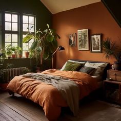 a bedroom with an orange bed and green plants on the wall, in front of a window