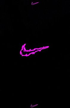 the purple nike logo is glowing in the black sky, with pink streaks on it