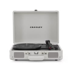 the crosley portable record player is open and ready to play with its turntable