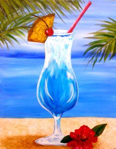 a painting of a blue drink with a butterfly on top and a red flower in the foreground