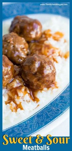 meatballs and gravy on top of rice in a blue and white plate