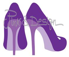 a pair of purple high heeled shoes with the word pink and design on them