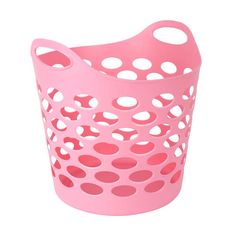 a pink plastic basket with holes on the side and handles, sitting against a white background