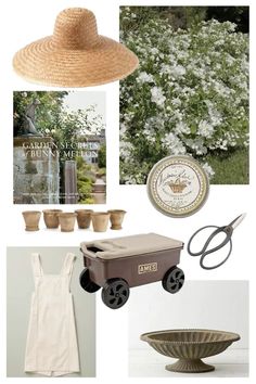 a collage of items including a straw hat, garden equipment and flowers