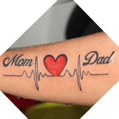 a man with a heartbeat tattoo on his arm that says, mom dad and heart