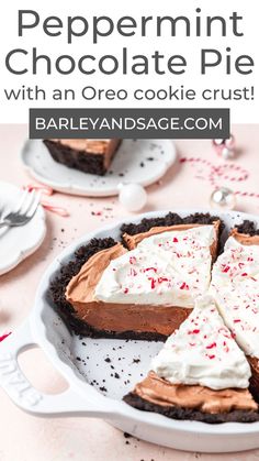 peppermint chocolate pie with an oreo cookie crust in the middle on a white plate