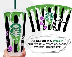 starbucks cup with green and purple splattered paint on it, next to an ad for starbucks's wrap